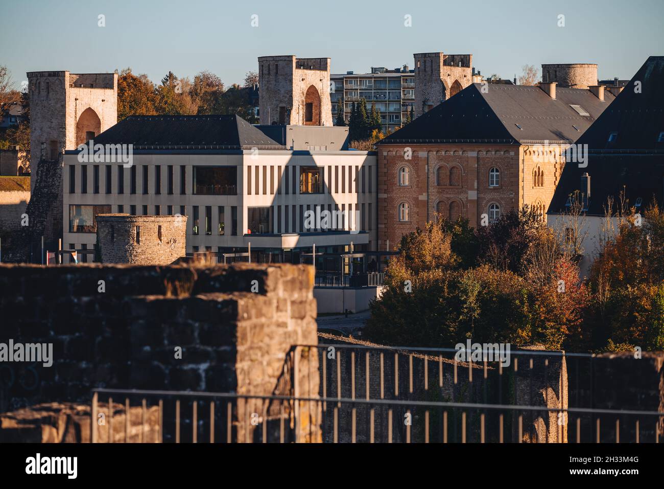 RhamPlateau, old fortification towers in Luxembourg city Stock Photo