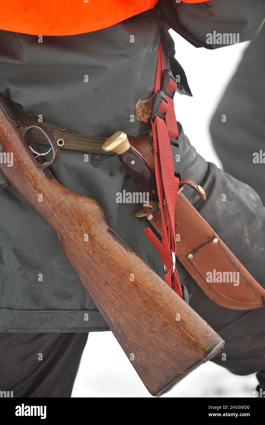 close up of hunters gun and knife Stock Photo