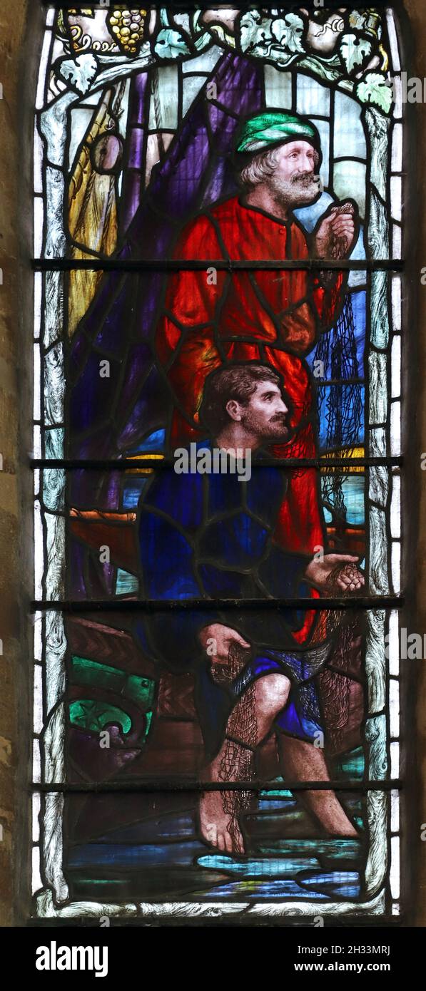 A stained glass window by Mary Lowndes; Jesus calling Peter and Andrew to follow Him, St Andrew's Church Ufford, Northamptonshire Stock Photo