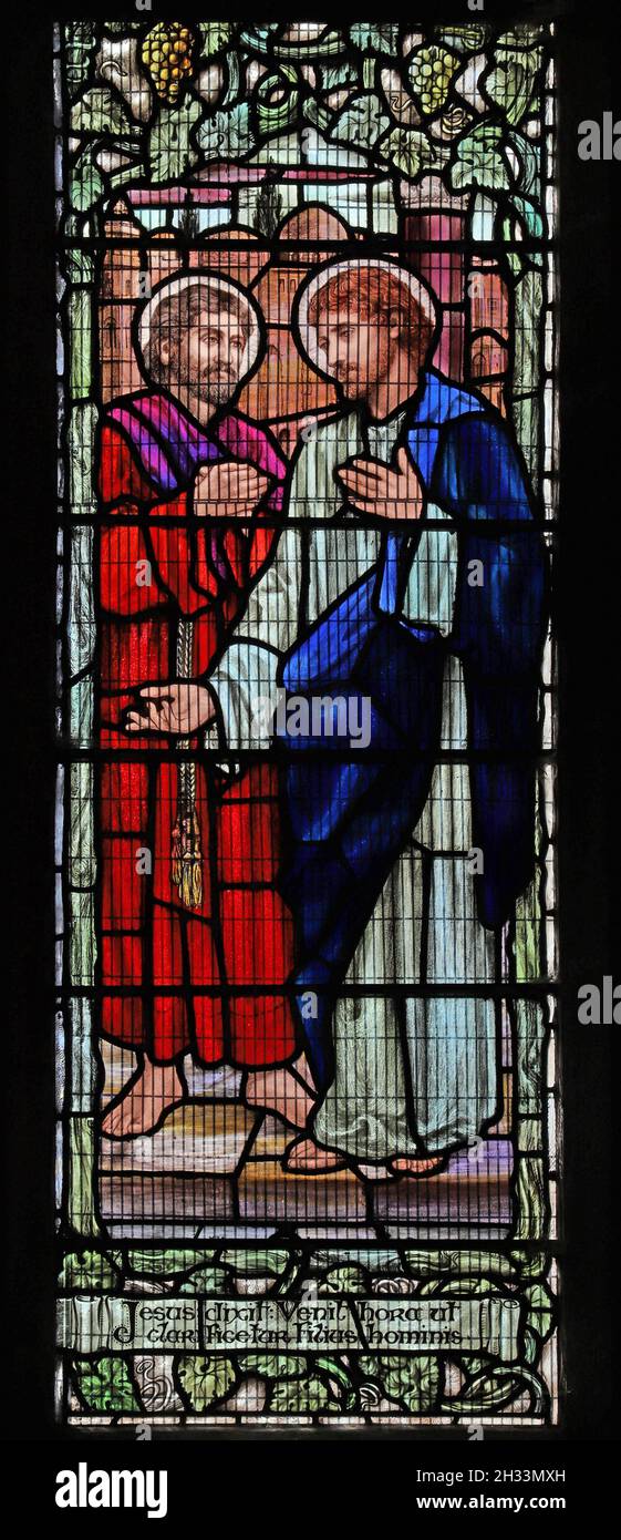 A stained glass window by Mary Lowndes; Gentiles trying to reach Jesus, St Andrew's Church, Ufford, Northamptonshire Stock Photo