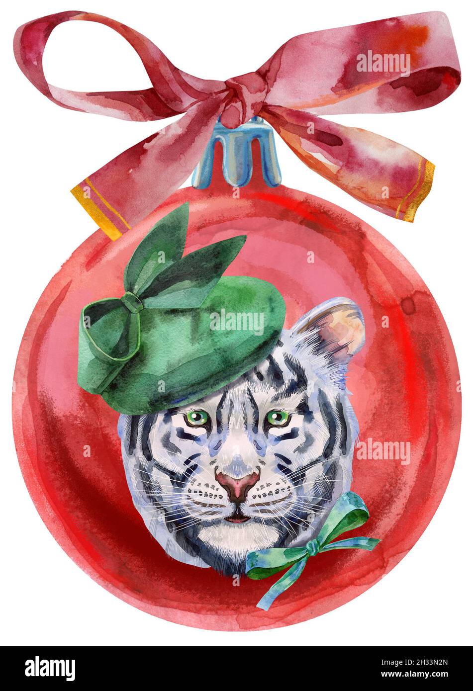 Watercolor Christmas red ball with bow and tiger isolated on a white ...