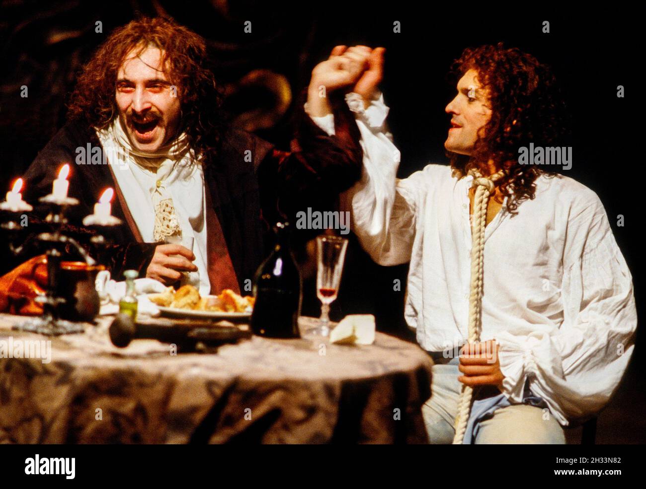 l-r: Antony Sher (Moliere), Chris Hunter (Moirron) in MOLIERE by Bulgakov at the Royal Shakespeare Company (RSC), The Pit, Barbican Centre, London EC2  08/09/1983 in a new version by Dusty Hughes  set design: Ralph Koltai  costumes: Annena Stubbs  lighting: Leo Leibovici  director: Bill Alexander Stock Photo