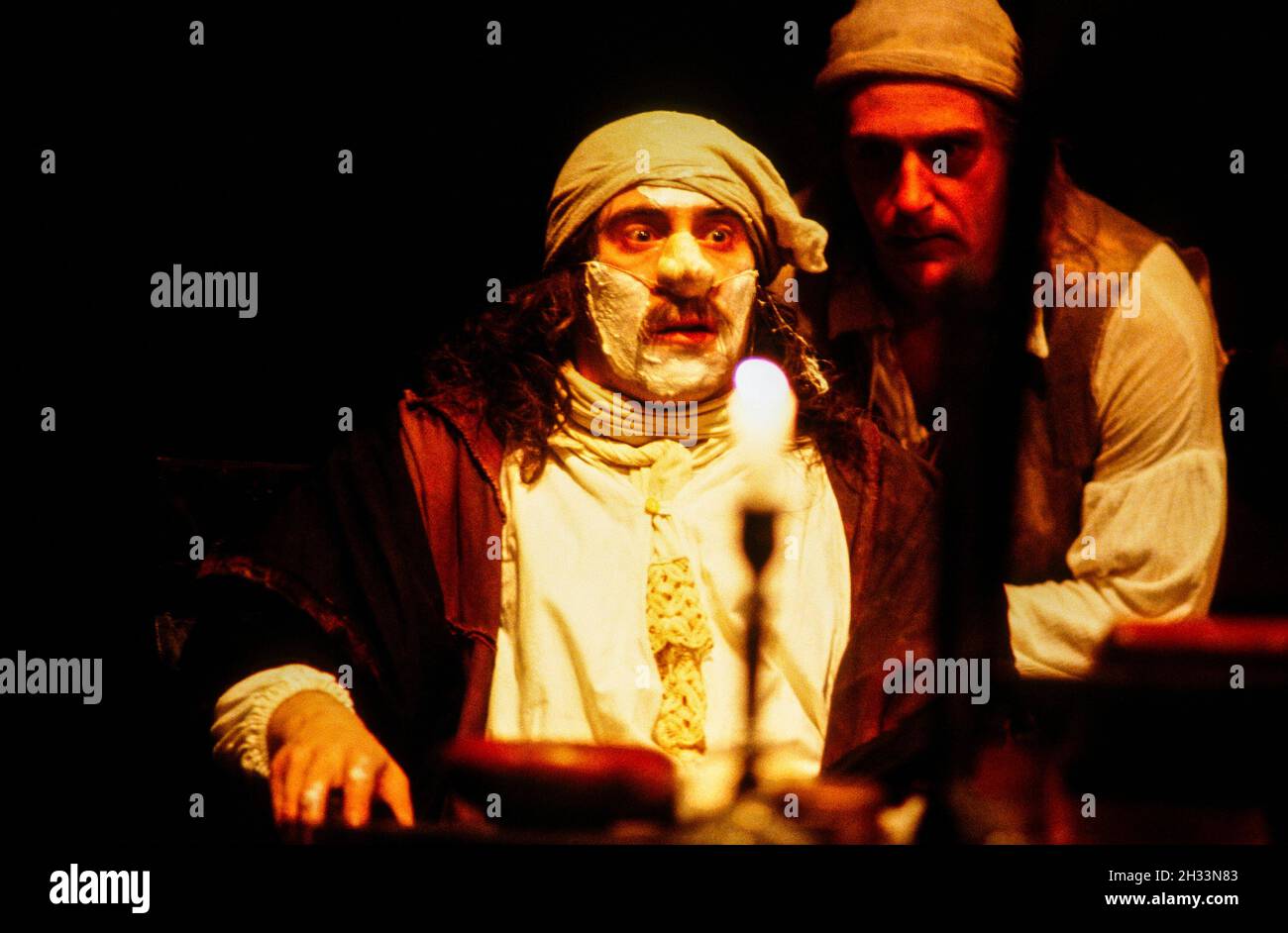 l-r: Antony Sher (Moliere), David Troughton (Bouton) in MOLIERE by Bulgakov at the Royal Shakespeare Company (RSC), The Pit, Barbican Centre, London EC2  08/09/1983 in a new version by Dusty Hughes  set design: Ralph Koltai  costumes: Annena Stubbs  lighting: Leo Leibovici  director: Bill Alexander Stock Photo