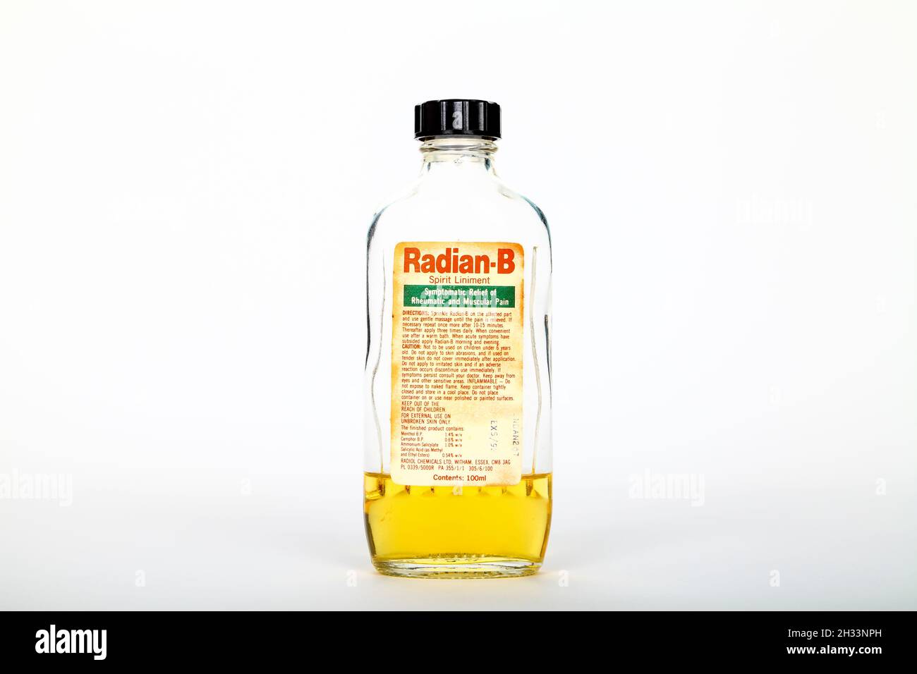 Vintage bottle of Radian B Spirit Liniment for the symtomatic relief of rheumatic and muscular pain, fibrositis, bruises and strains Stock Photo