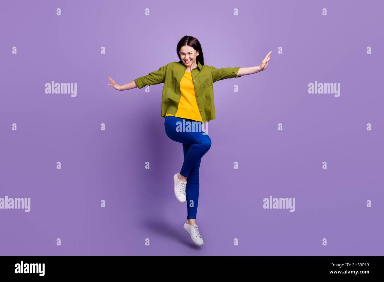 Full size photo of young excited girl happy positive smile hands wings ...