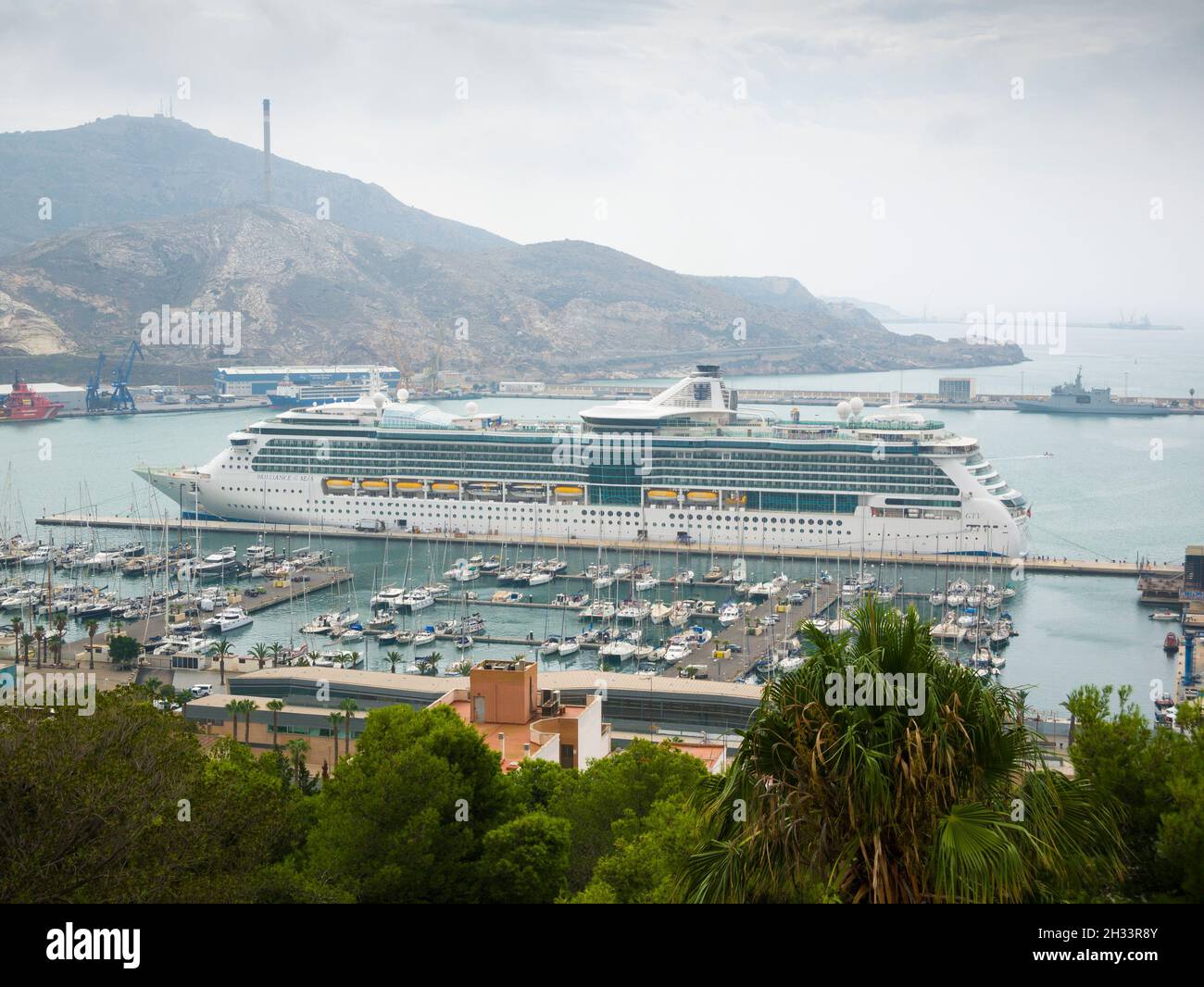 The Royal Caribbean cruise ship, Brilliance of the Seas, docked in the port in the Costa Blanca city of Cartagena, Spain. Stock Photo