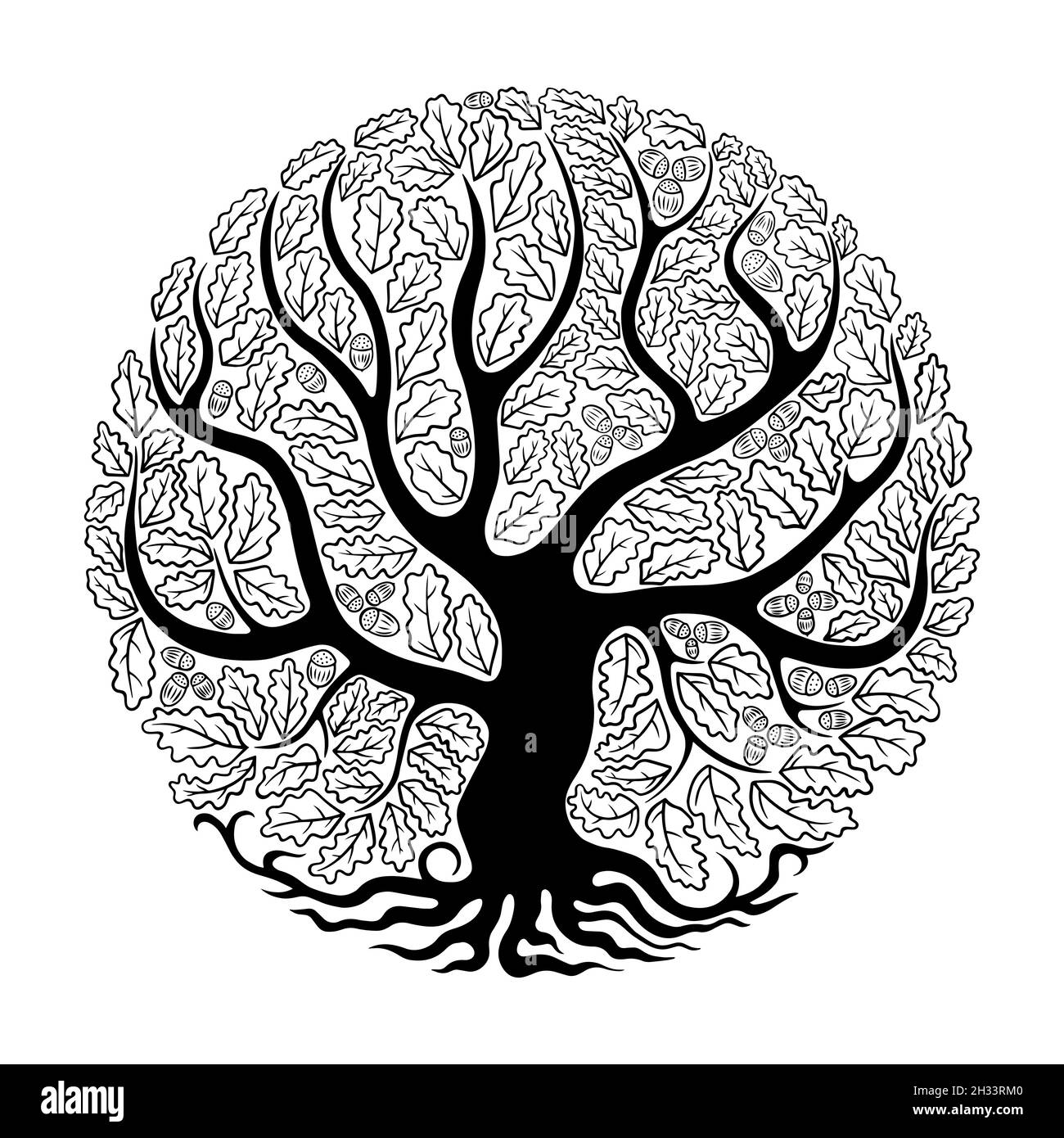 Oak hand drawn silhouette in circle shape. Vector illustration. Stock Vector