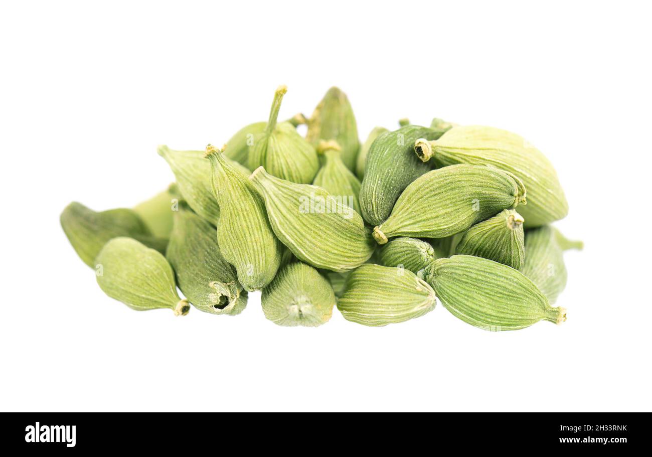 Cardamom pods isolated on white background. Green cardamon seeds