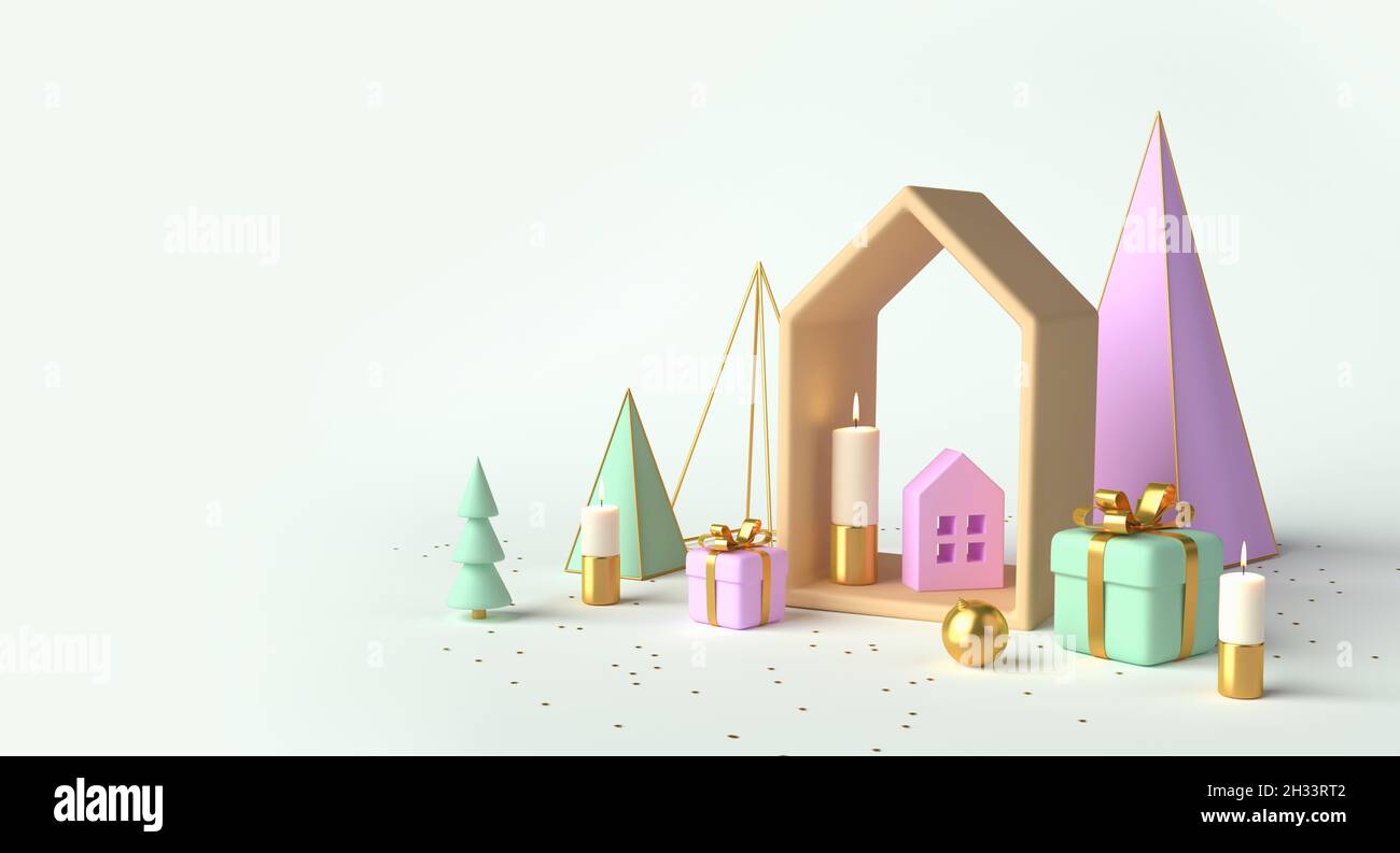 Christmas composition with house and trees. Minimal abstract new year background. 3d rendering Stock Photo