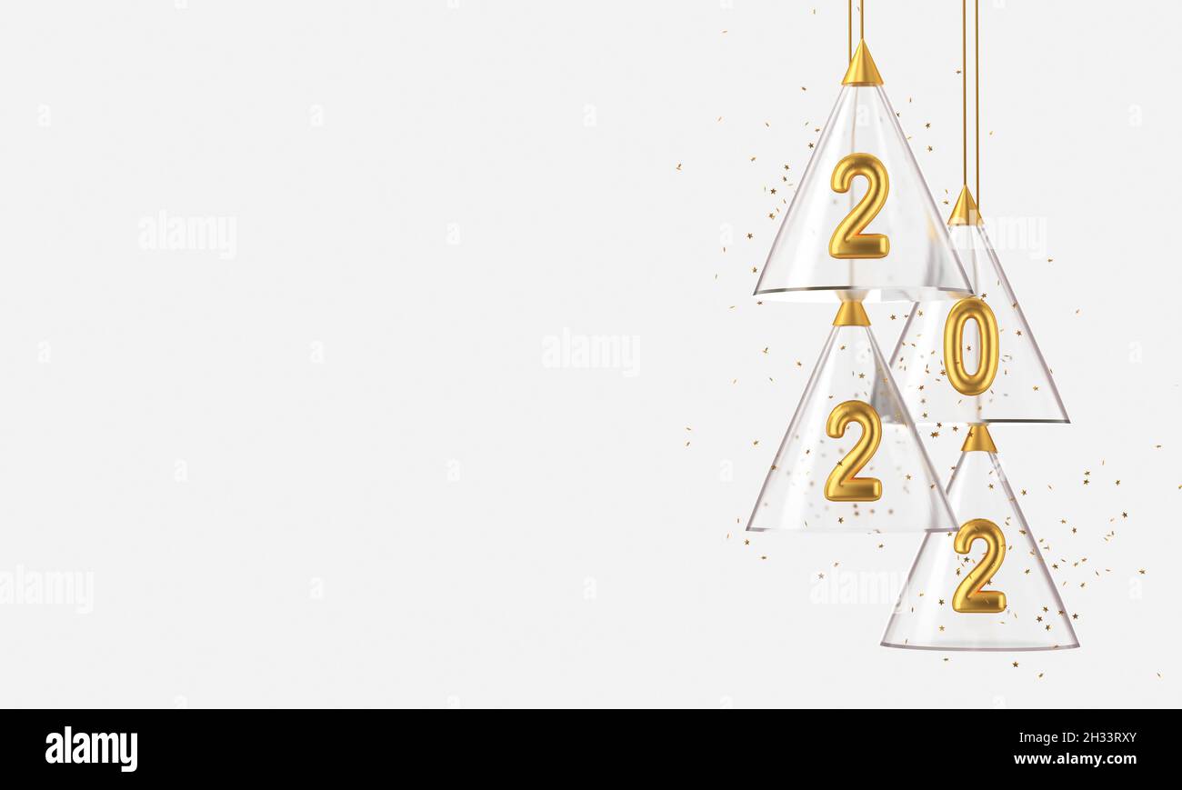 Golden metal numbers in glass cones, Christmas decoration, copy space. 3d rendering Stock Photo