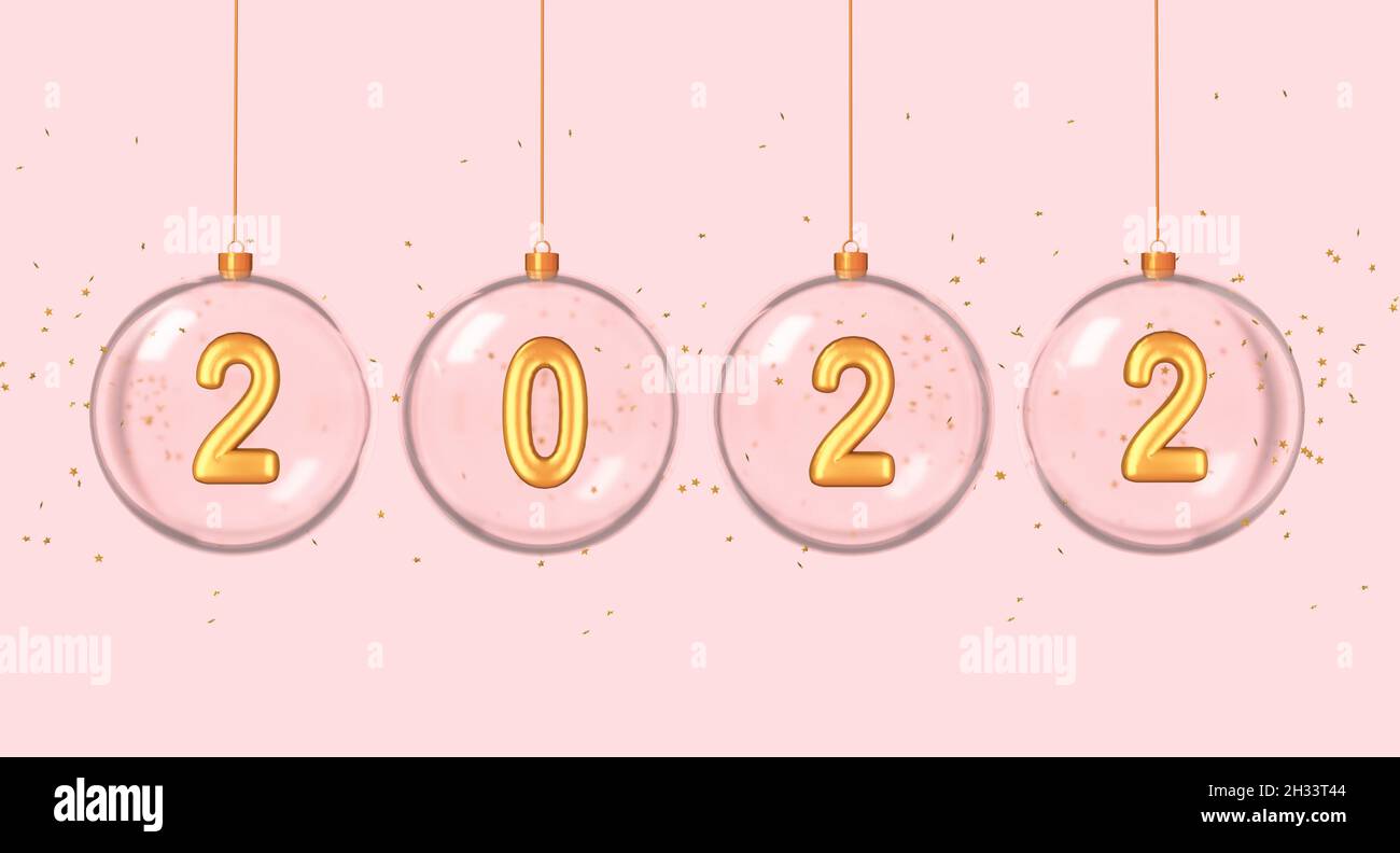 Golden metal numbers in glass balls on pink background. Christmas decoration. 3d rendering Stock Photo