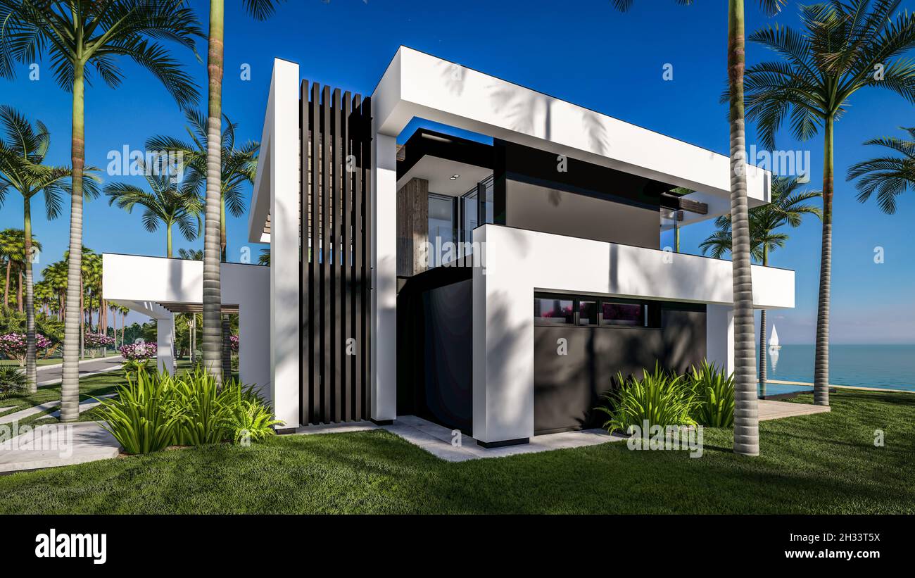 3d Rendering Of Modern Cozy House With Pool And Parking For Sale Or Rent In Luxurious