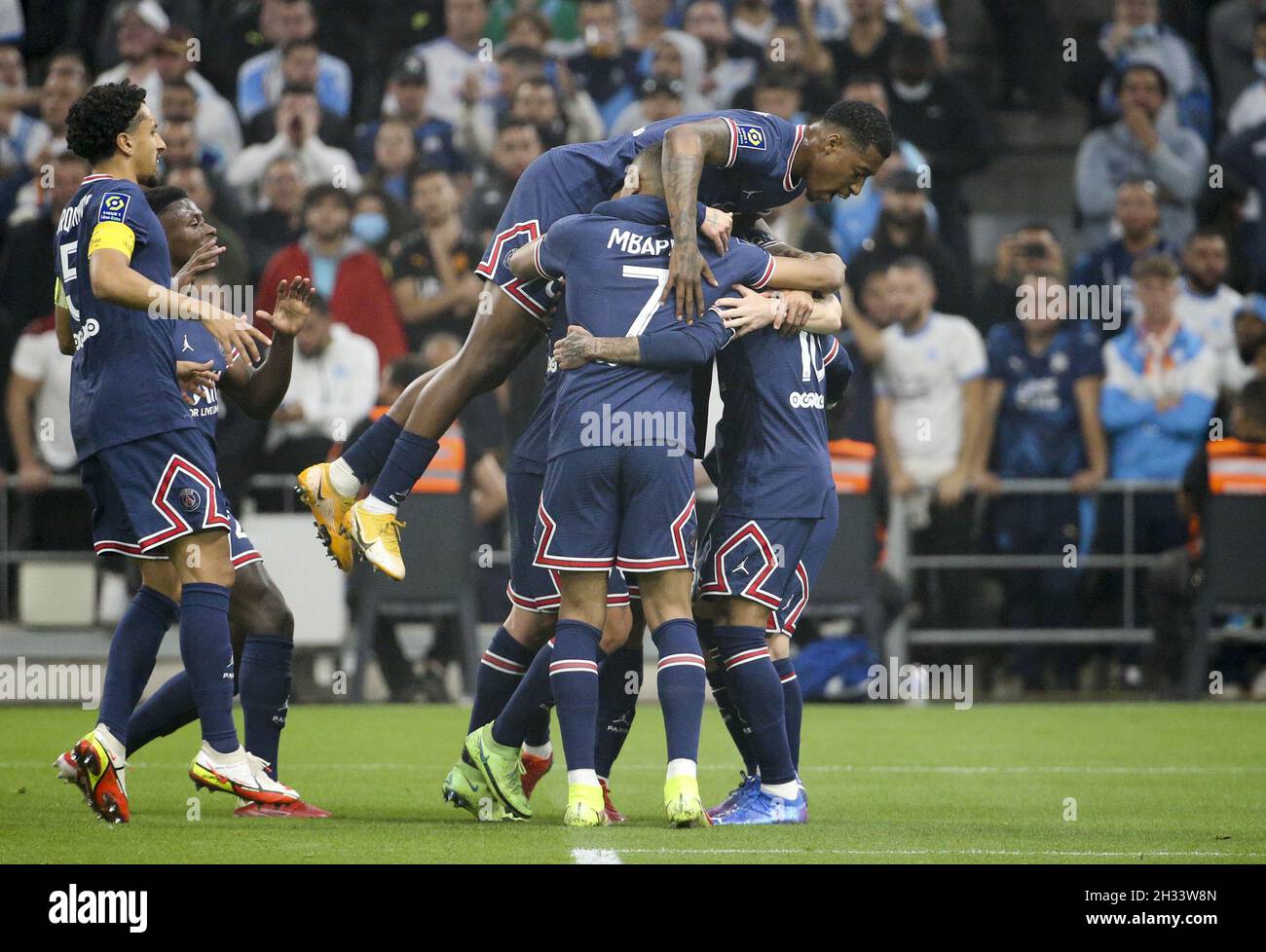 Presnel Kimpembe of PSG and teammates celebrate the goal of Neymar Jr of PSG,  a goal eventually cancelled by the video assistance (VAR) during the French  championship Ligue 1 football match between