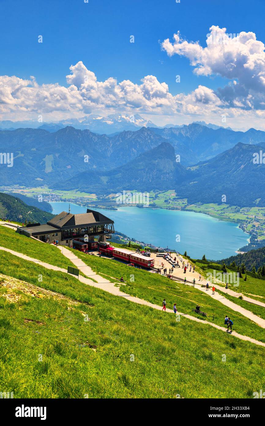 View of Wolfgangsee lake from Schafberg mountain, Austria. Wolfgangsee Lake from alp mountain Schafberg. Sankt St. Wolfgang im in Salzkammergut, Ried, Stock Photo