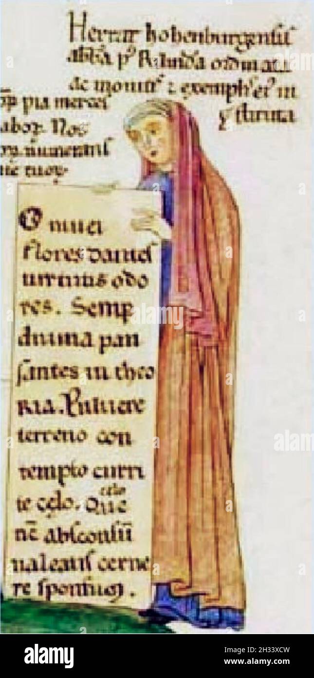 HERRAD OF LANDSBERG (c 1130-1195) Alsatian abbess and author. Self portrait in her  pictorial encyclopaedia Hortus deliciarum - The Garden of Delights about 1180 Stock Photo
