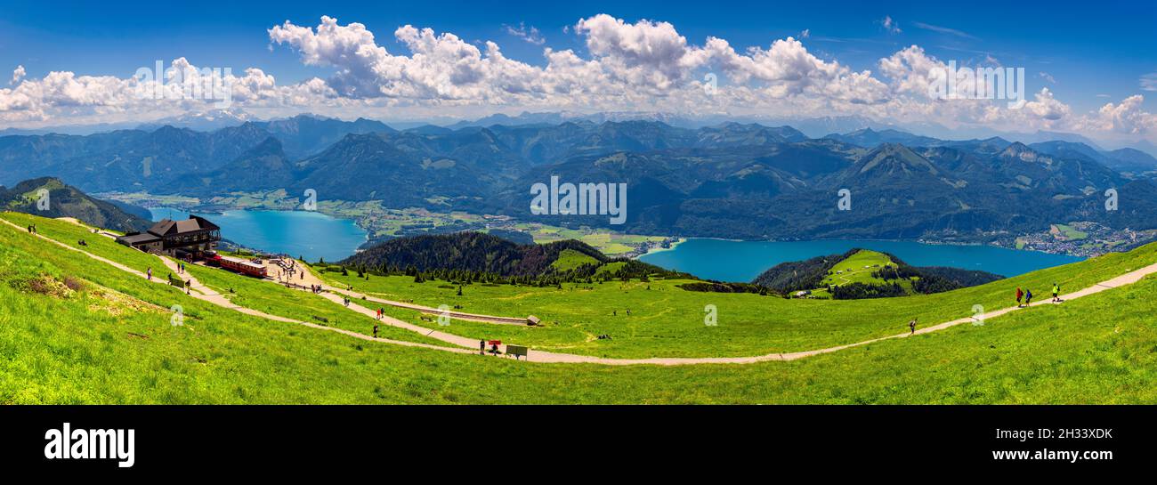 View of Wolfgangsee lake from Schafberg mountain, Austria. Wolfgangsee Lake from alp mountain Schafberg. Sankt St. Wolfgang im in Salzkammergut, Ried, Stock Photo
