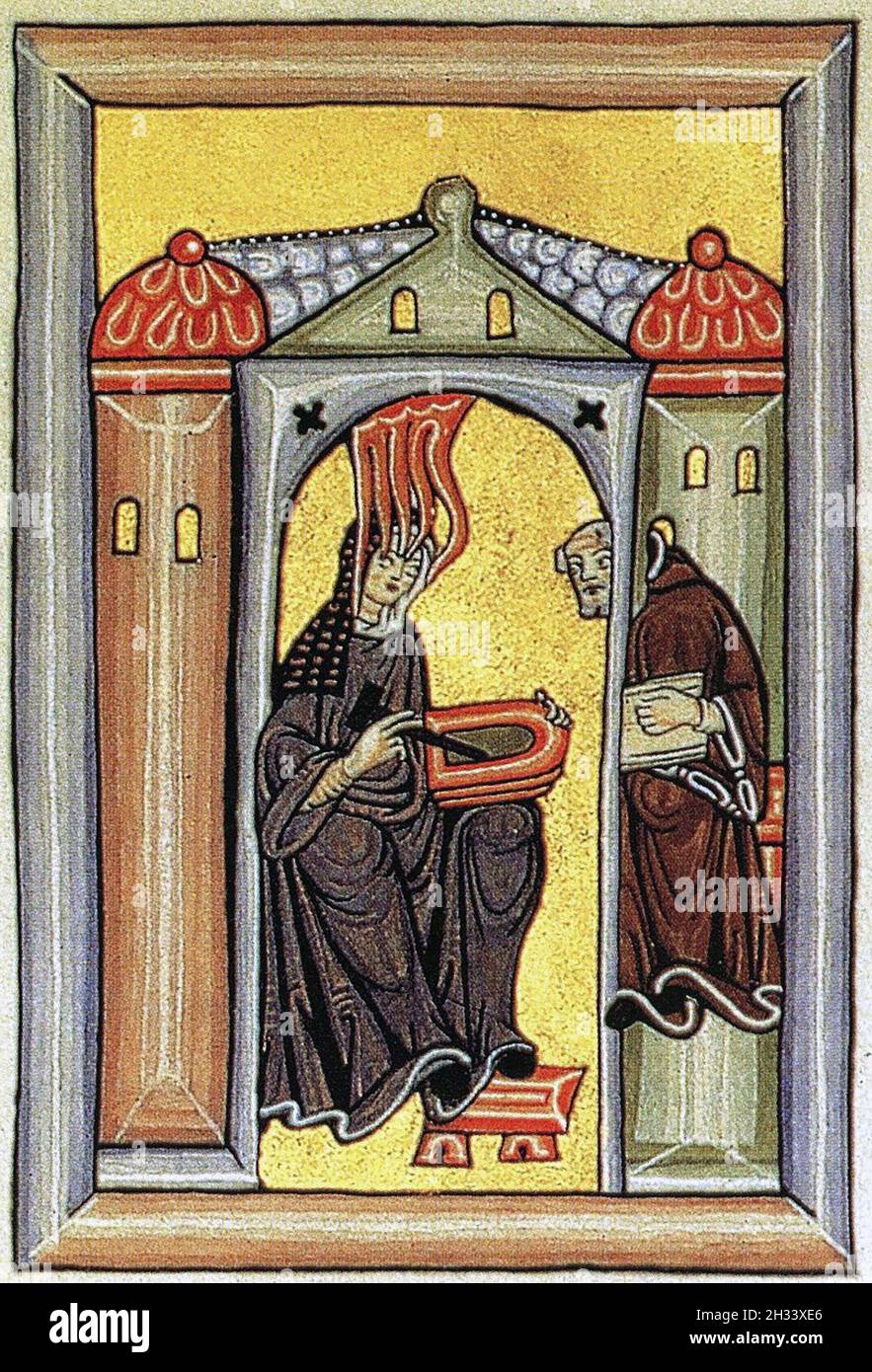 HILDEGARD OF BINGEN (c 1098-1179) German Benedictine abbess, composer, doctor. Illustration from her Scivias of 1151 describing her visions. Here showing her receiving a vision and dictating them to t her teacher Volmar Stock Photo