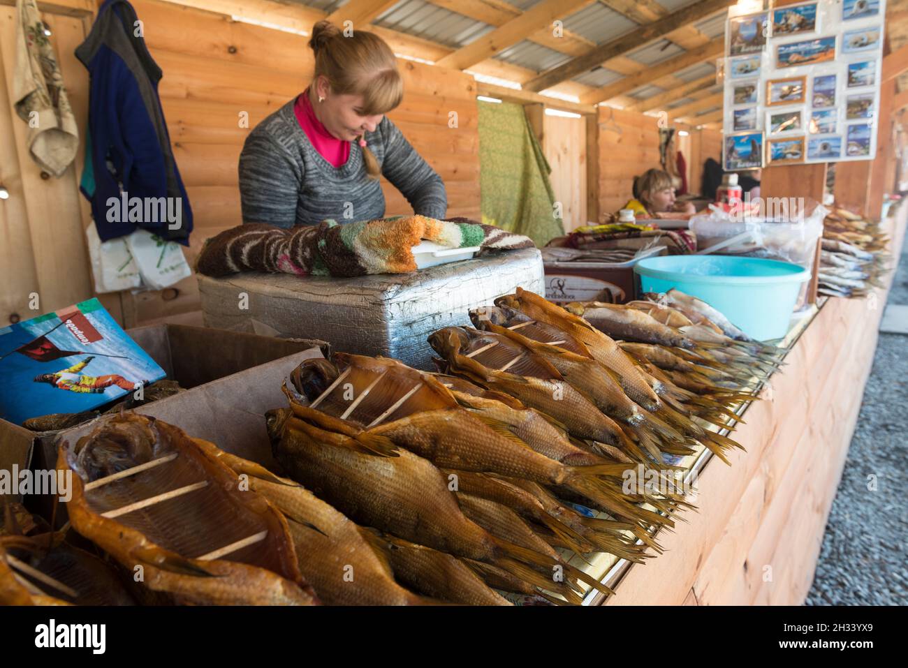 Smoked Omul fish from Lake Baikal for sale along the road at Kultuk, Slyudyansky District, Irkutsk Oblast, Russia Stock Photo