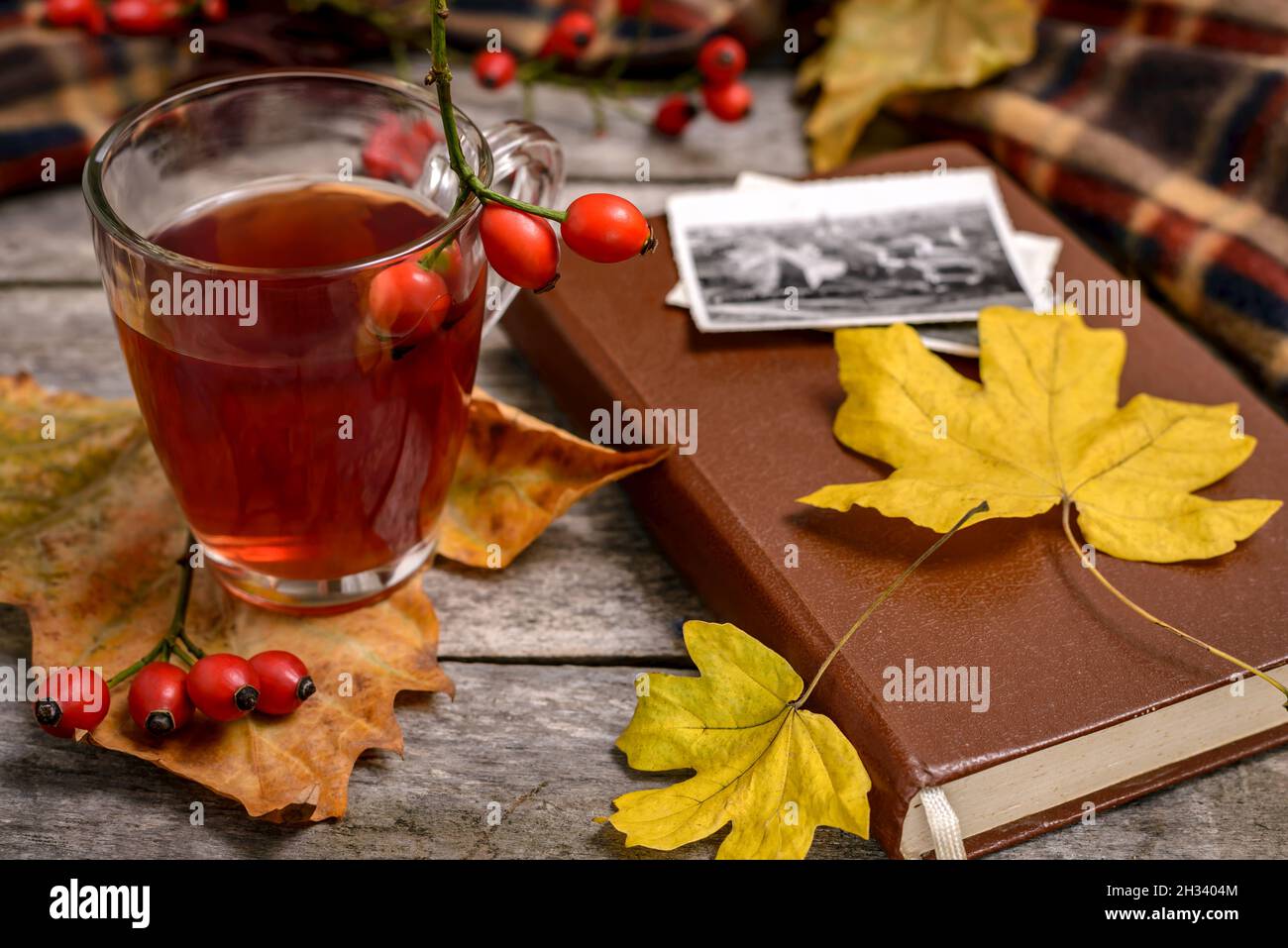 A cup of rose hip tea with fresh rose hips, old photographs, book and autumn leaves on wooden table. Autumn concept, selective focus. Stock Photo