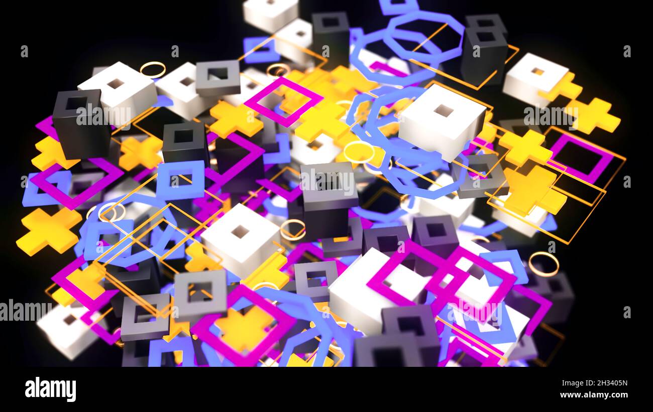 Colorful construction figures with squares. Animation. Structure of various toy squares and pluses moves on black background. Colorful children's Stock Photo