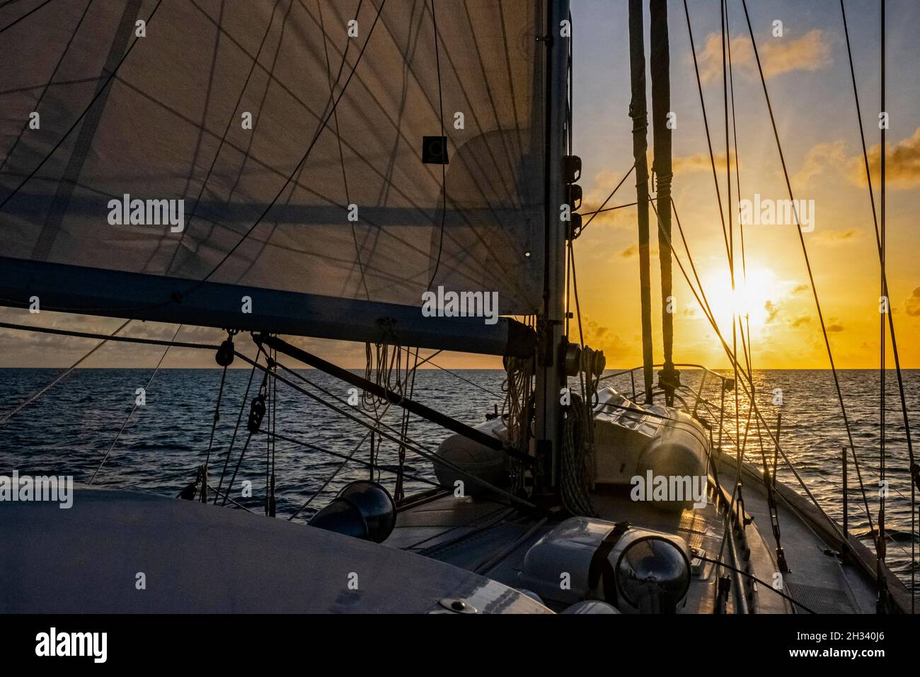 Deck of sailboat / sailing boat / yacht sailing in the Caribbean Sea at