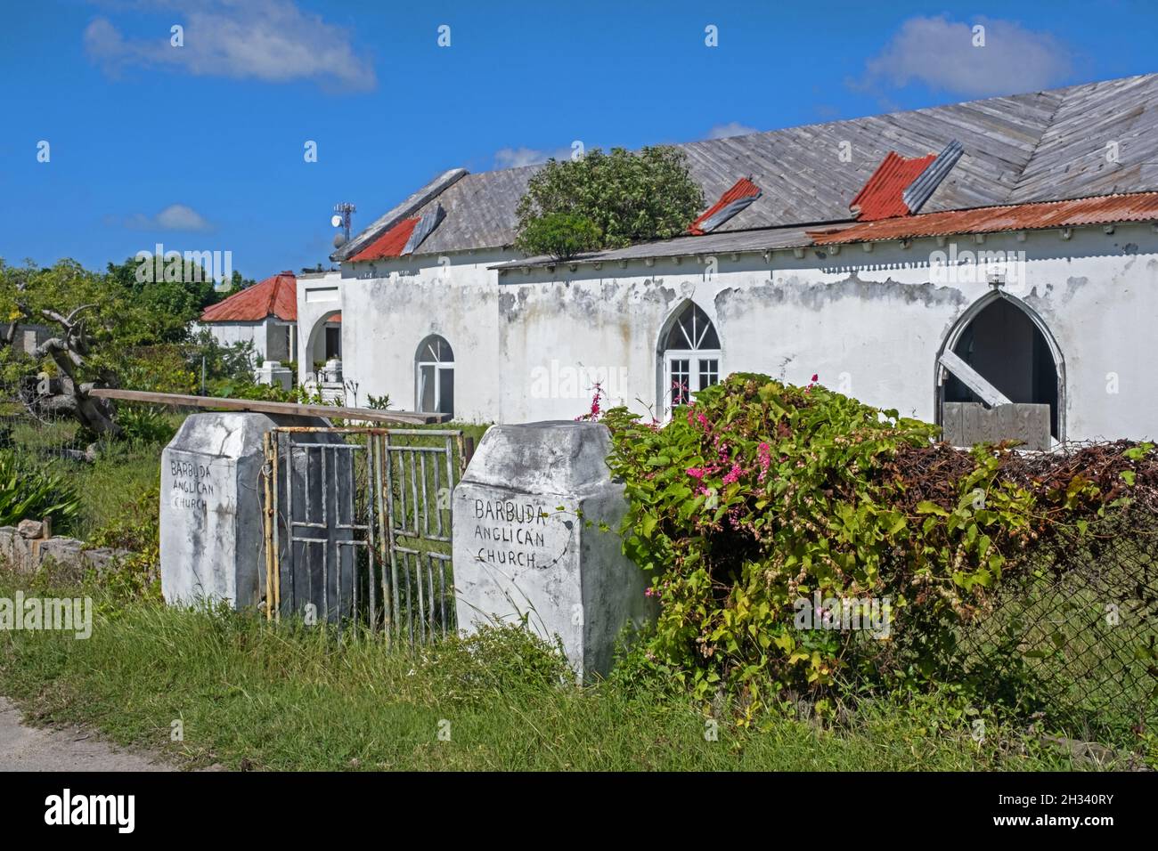 Damaged Holy Trinity Anglican Church after 2017 Hurricane Irma devastated the island of Barbuda, West Indies in the Caribbean Sea Stock Photo