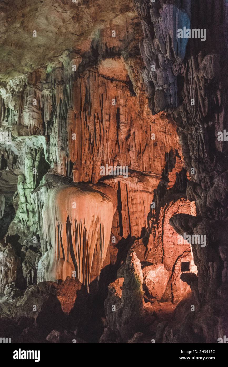 Underground cave. Beautiful view of stalactites and stalagmites in an underground cave Stock Photo