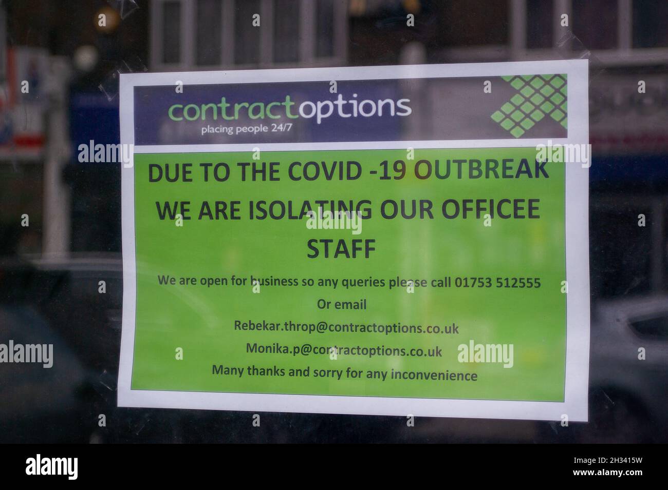 Slough, Berkshire, UK. 25th October 2021. A sign in a recruitment