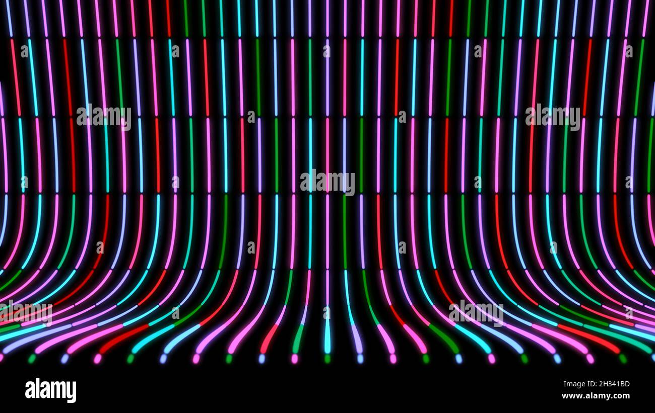 Abstract curved background with moving neon colored lines on black ...