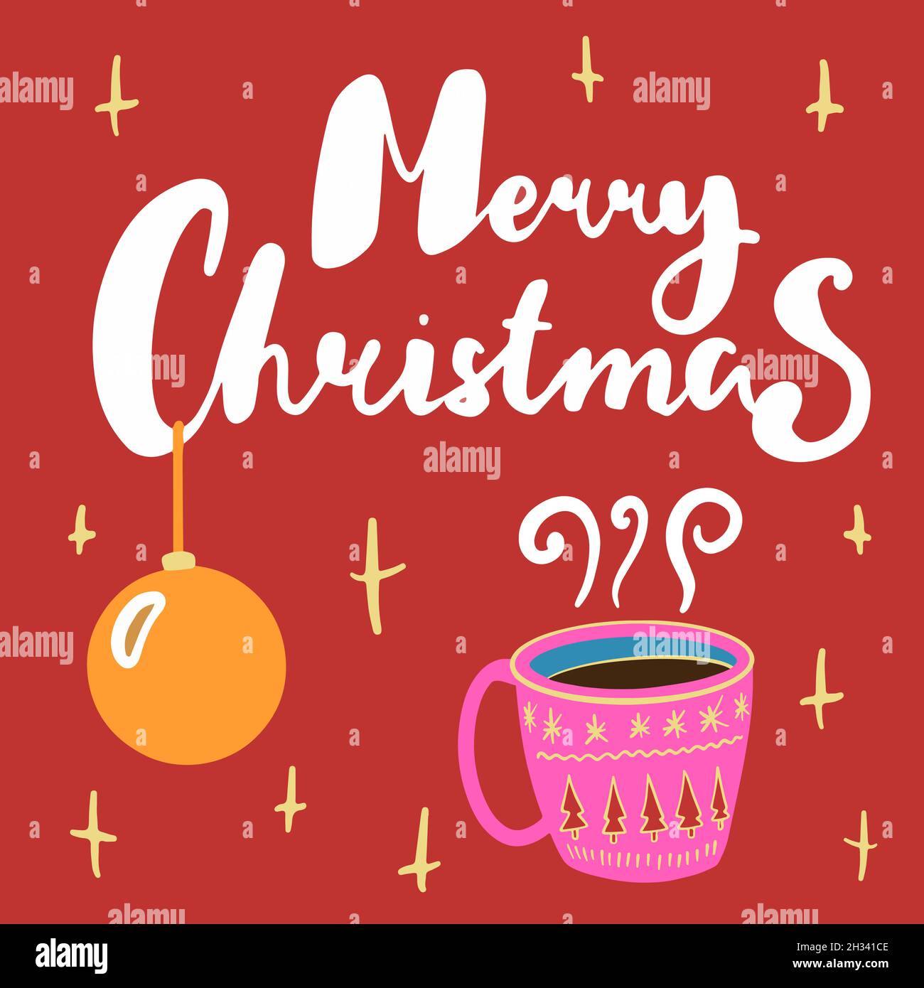 Merry Christmas lettering greeting card with cup of tea and christmas ball illustration primitive flat style. EPS 10 Stock Vector