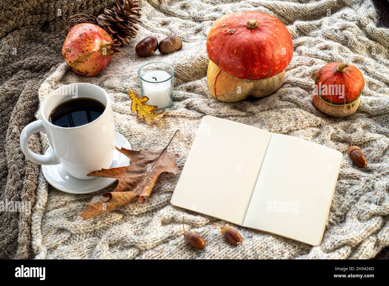 Cozy autumn breakfast scene in sunlight.Blank open notebook mockup with ...