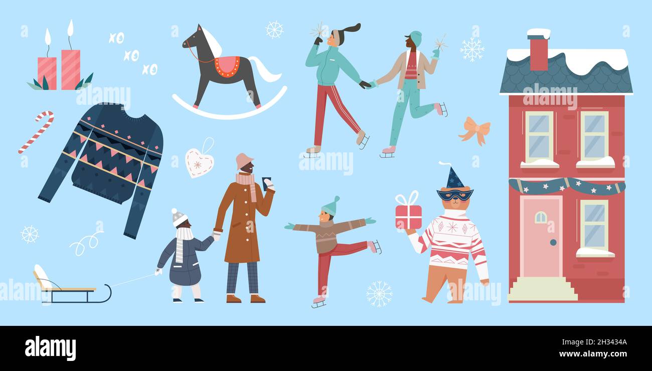 Merry Christmas or New Year celebration, winter holidays set vector illustration. Cartoon couple