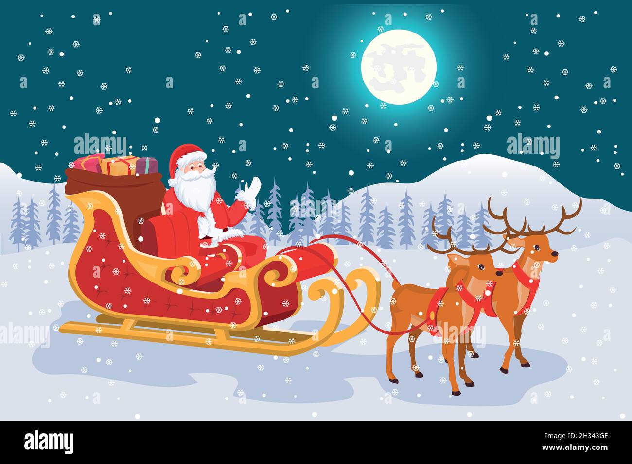 Night landscape with full moon of Christmas Santa Claus with his sleigh ...