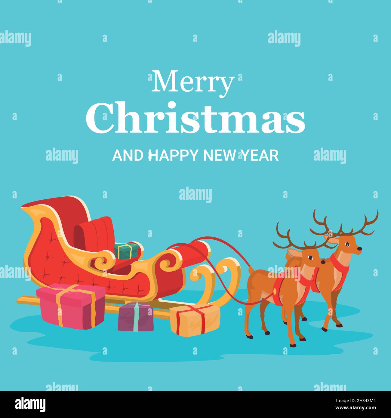 Christmas card of santa claus sleigh and reindeer Stock Vector