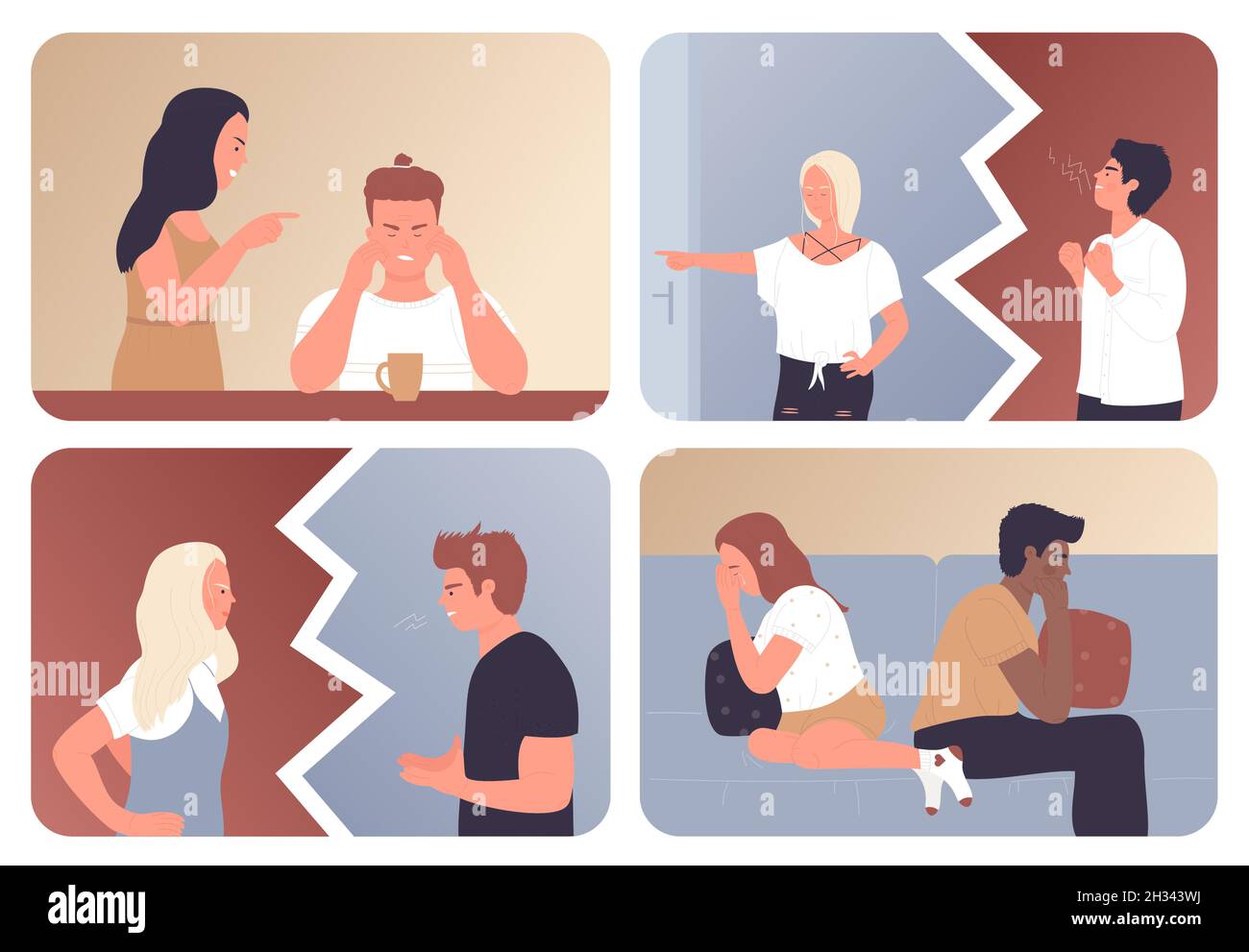Angry couple quarrel set vector illustration. Cartoon anger fight, divorce of two unhappy married man and woman characters, agressive family conflict and misunderstanding. Love, relationship concept Stock Vector