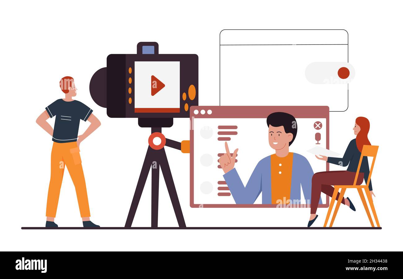 Video bloggers teamwork for recording video for channel in social media vector illustration. Cartoon marketing team of tiny man woman characters make vlog content, people using camera on tripod Stock Vector Image Video bloggers teamwork for recording video for channel in social media vector illustration. Cartoon marketing team of tiny man woman characters make vlog content, people using camera on tripod Stock Vector Image