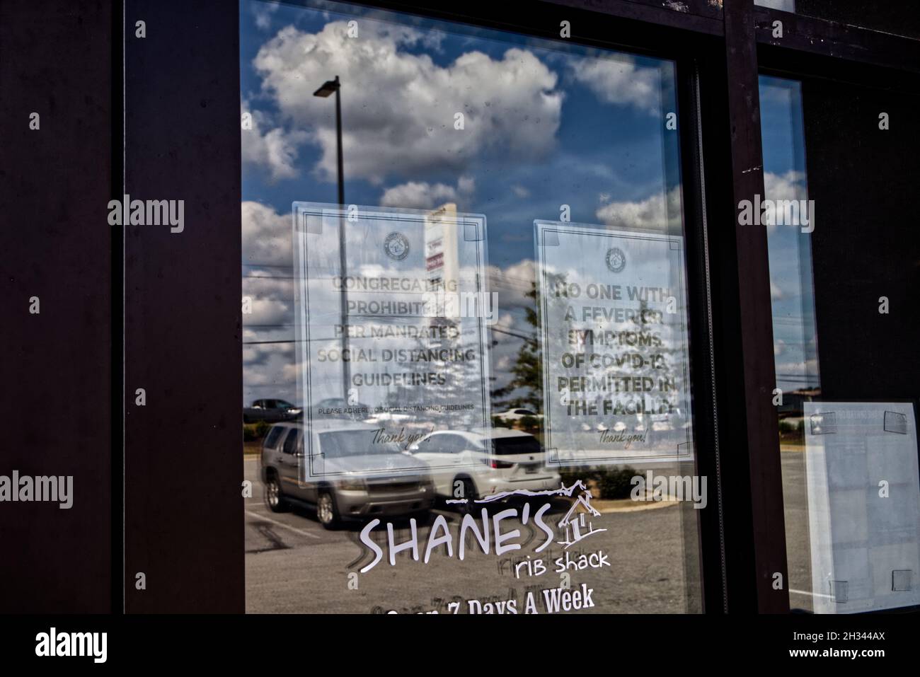 Grovetown, Ga USA - 10 14 21: Shanes rib shack restaurant covid-19 signage in doors Stock Photo