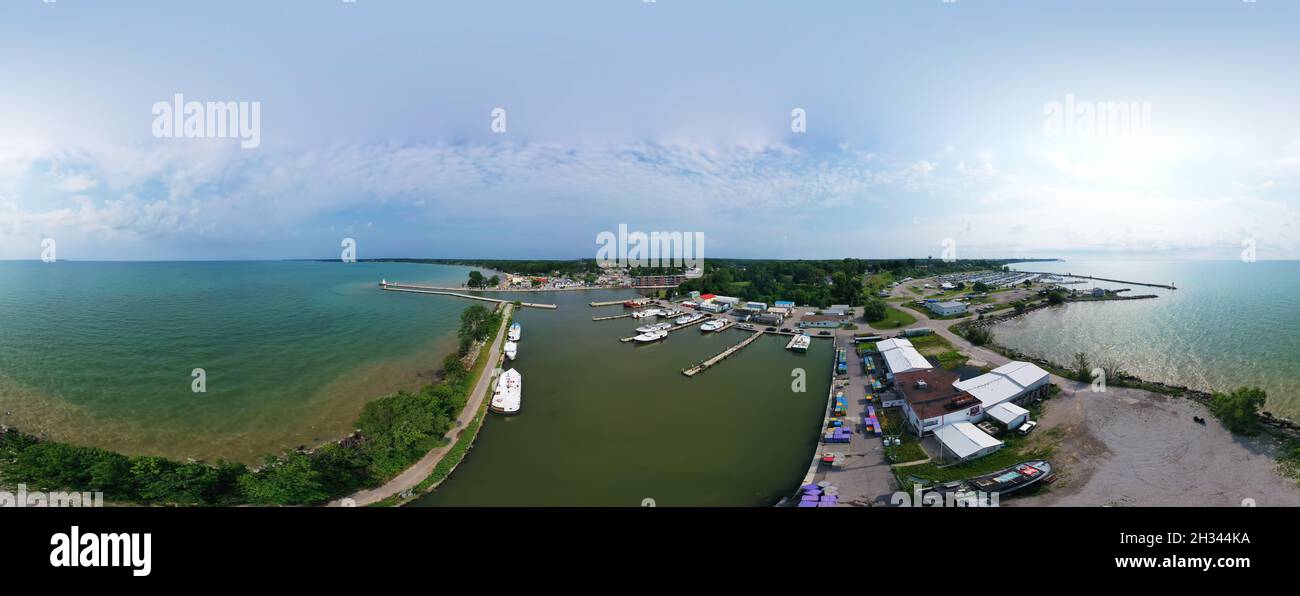 An aerial panorama of Port Dover, Ontario, Canada marina Stock Photo