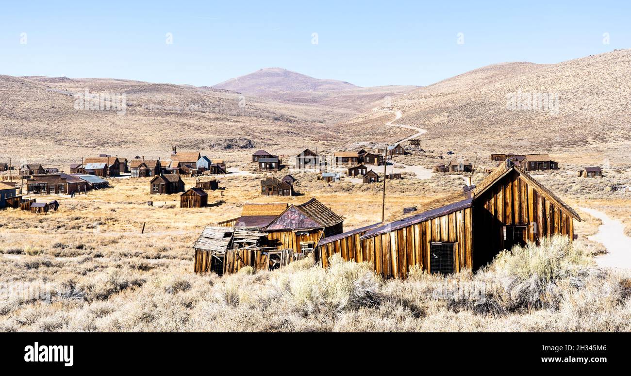 Ghost town of Bodie in California - Travel destination concept with wide angle view of abandoned place in western United States of America Stock Photo