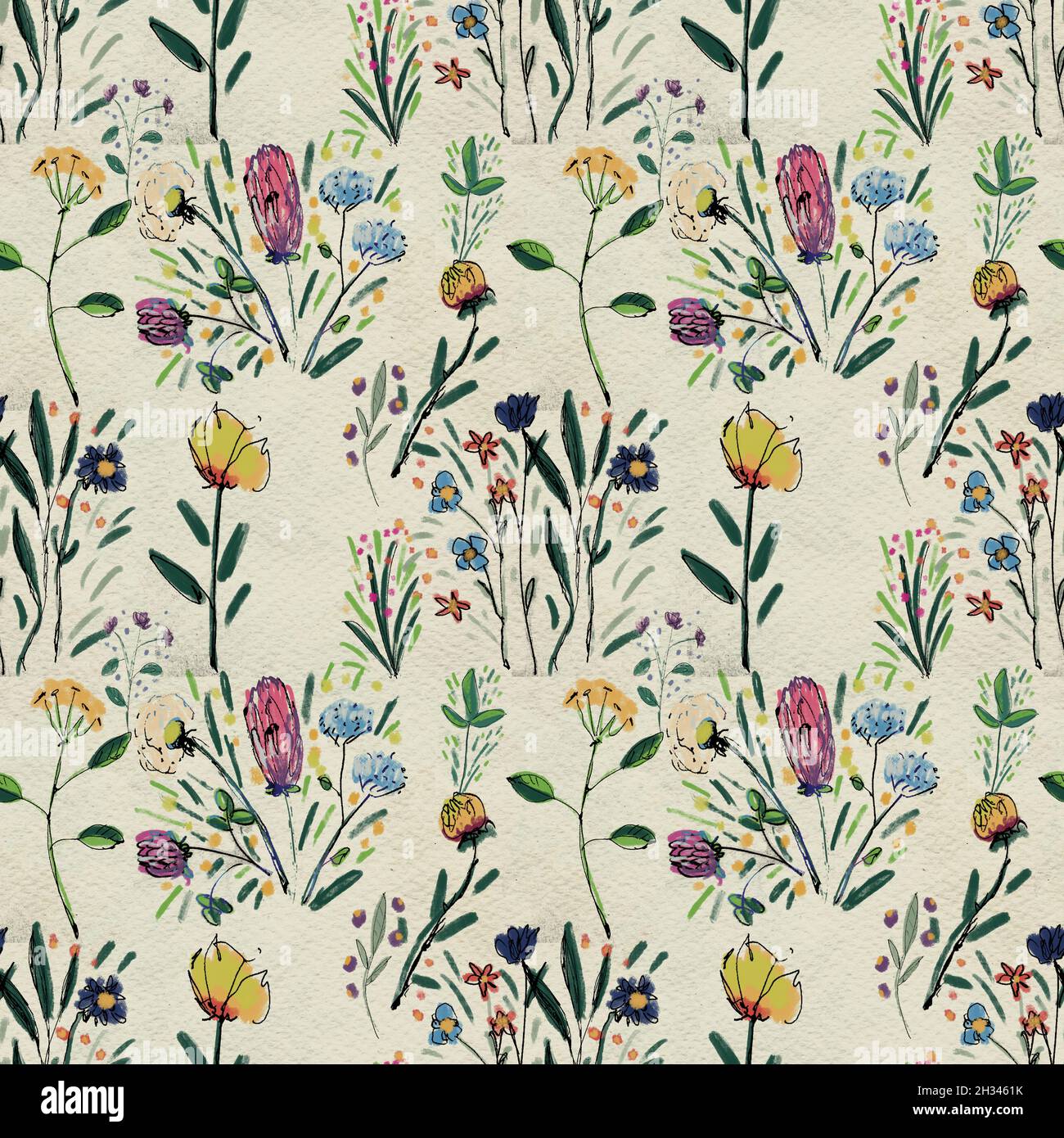 Seamless pattern with wildflowers on watercolor paper background Stock ...