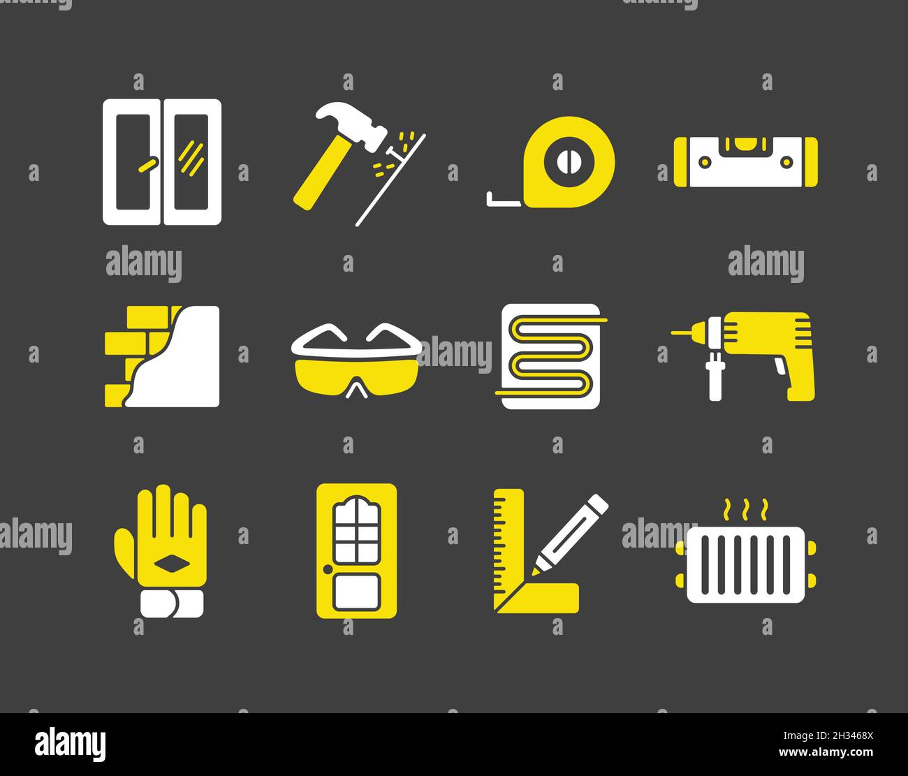 Set of building construction and home repair icons on dark background ...
