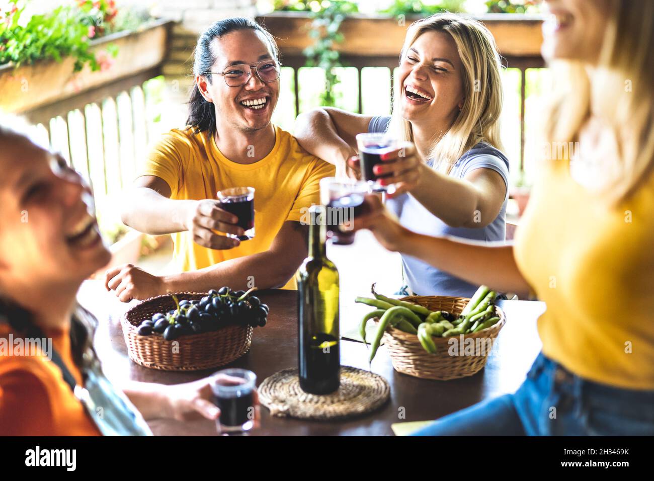 Happy friends having fun drinking at vineyard patio - Friendship concept with young people enjoying harvest together at farmhouse Stock Photo