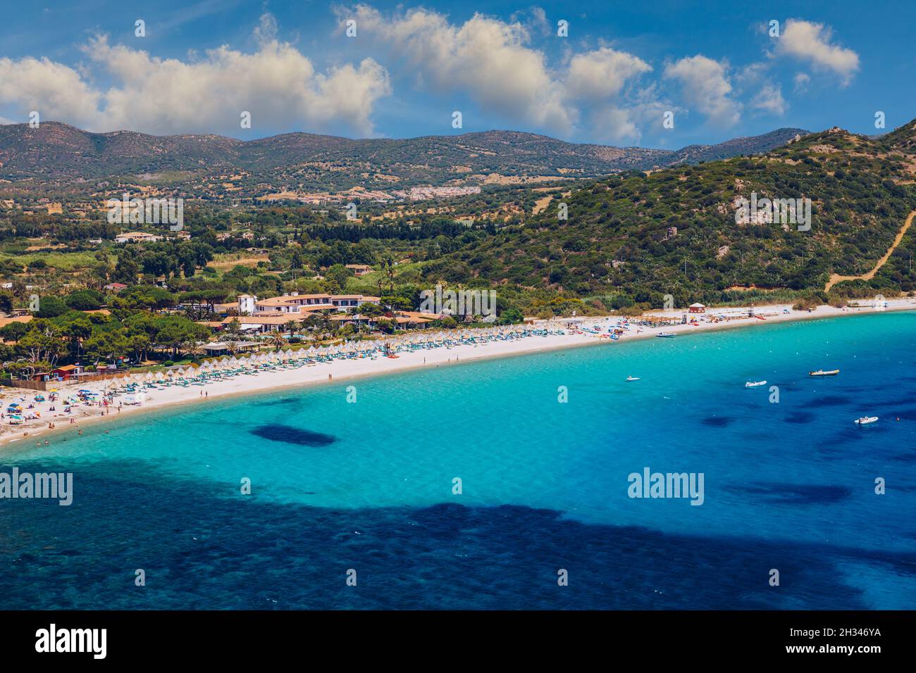 Campus beach in Villasimius. Sardinia, Italy. The beautiful coastline of Campus beach (Spiaggia di Campus) and its turquoise sea, Sardinia, Italy. Stock Photo