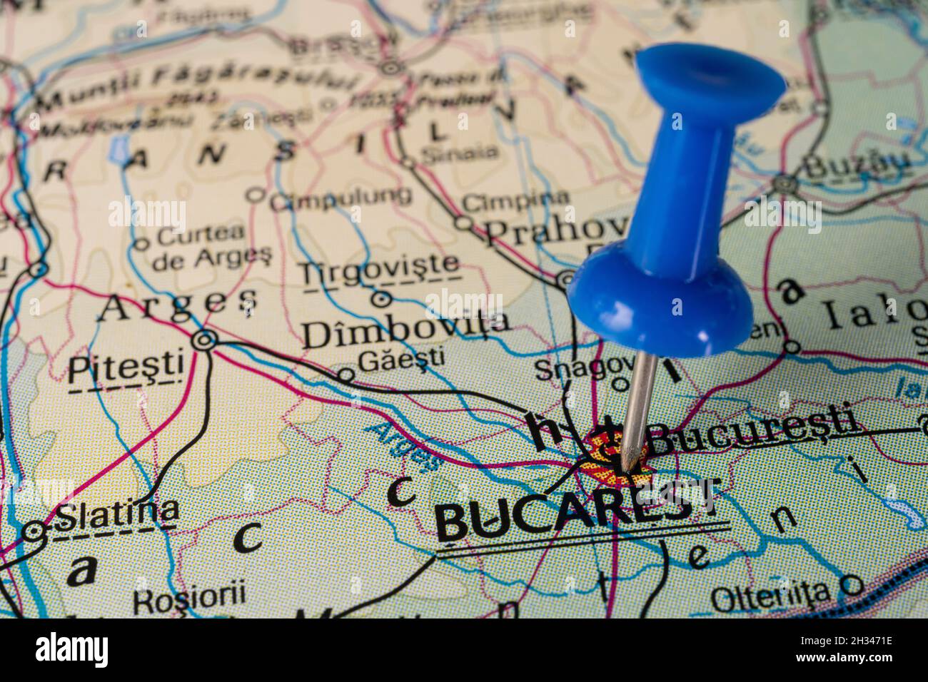 Bucharest, Romania pinned on colorful political map. Geopolitical school atlas. Stock Photo
