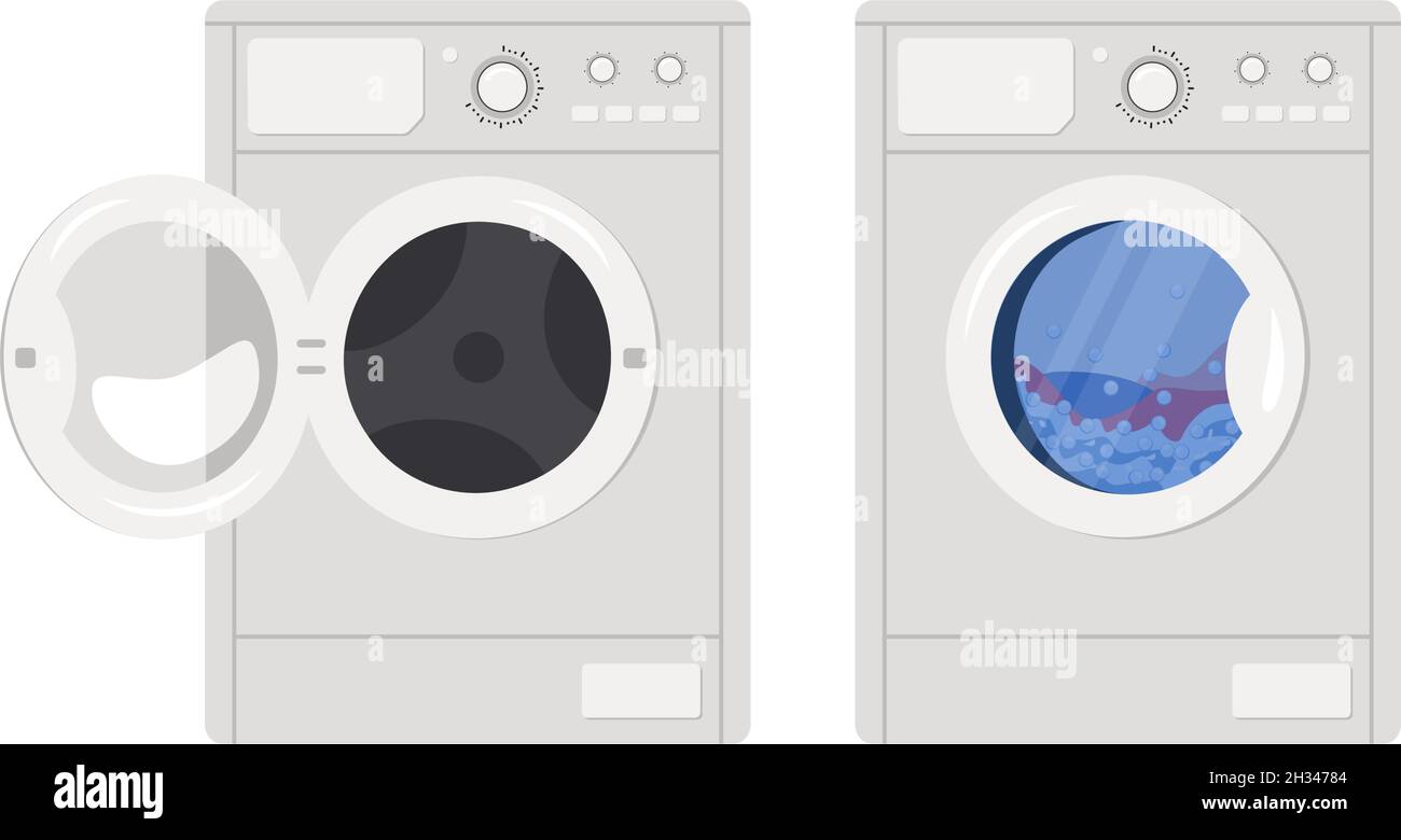 Washing machine icon is running and with open door. Front view of household appliances in bathroom. Vector flat illustration isolated on white background. Stock Vector