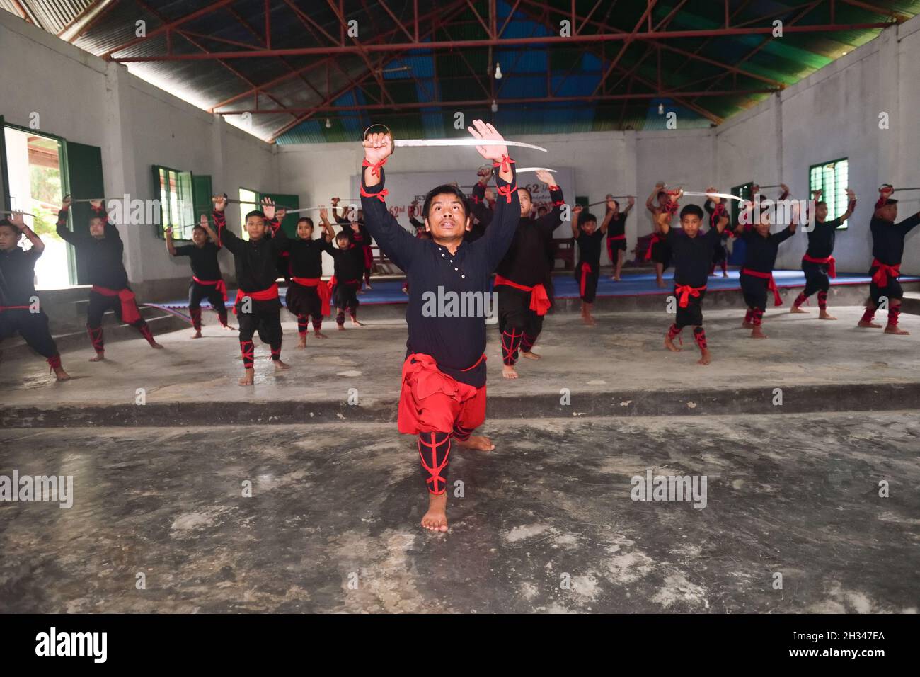 Imphal, India. 18th Oct, 2021. Students seen practicing Thang Ta an ancient and indigenous form of Martials of Manipur in India at an Institute. In 2020 the Thang Ta has been inducted in the Khelo India youth Games. Credit: SOPA Images Limited/Alamy Live News Stock Photo