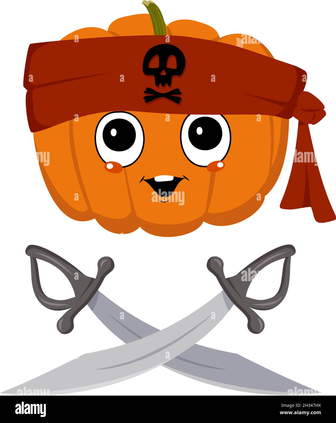 Cute pumpkin character with happy emotions, face, big eyes and wide smile in bandana with skull and crossed sabers. Halloween party decoration. Mischievous Vegetable Hero Stock Vector