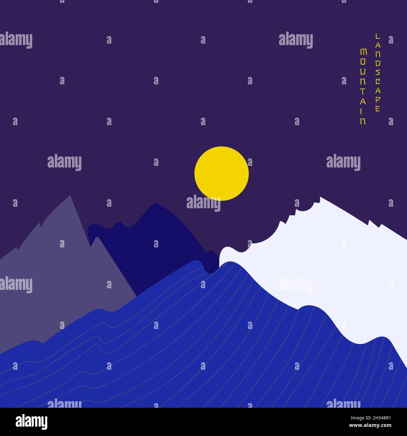 Graphic night mountain landscape poster. Geometric landscape background in asian japanese style.  Stock Vector