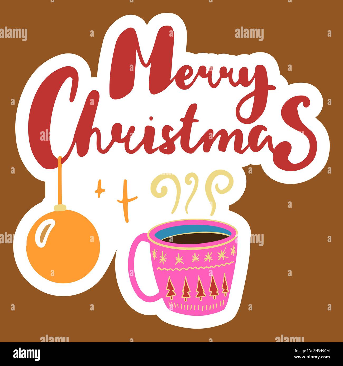 Merry Christmas lettering sticker with cup of tea and christmas ball illustration primitive flat style. EPS 10 Stock Vector