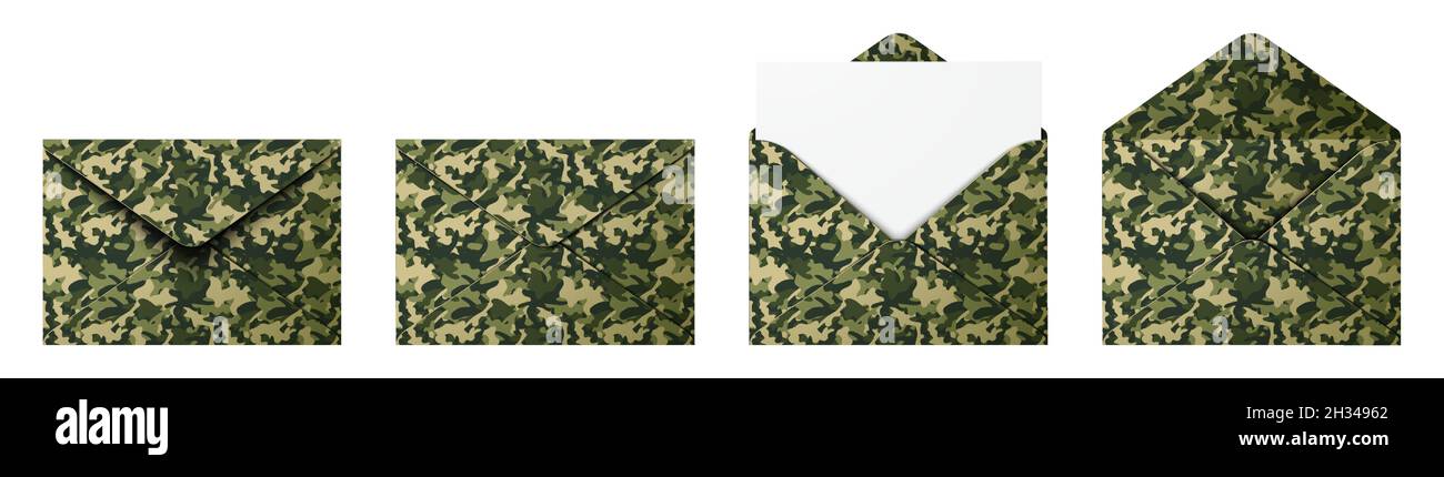 Vector set of a military envelope with army camo pattern print, isolated on white background. Stock Vector
